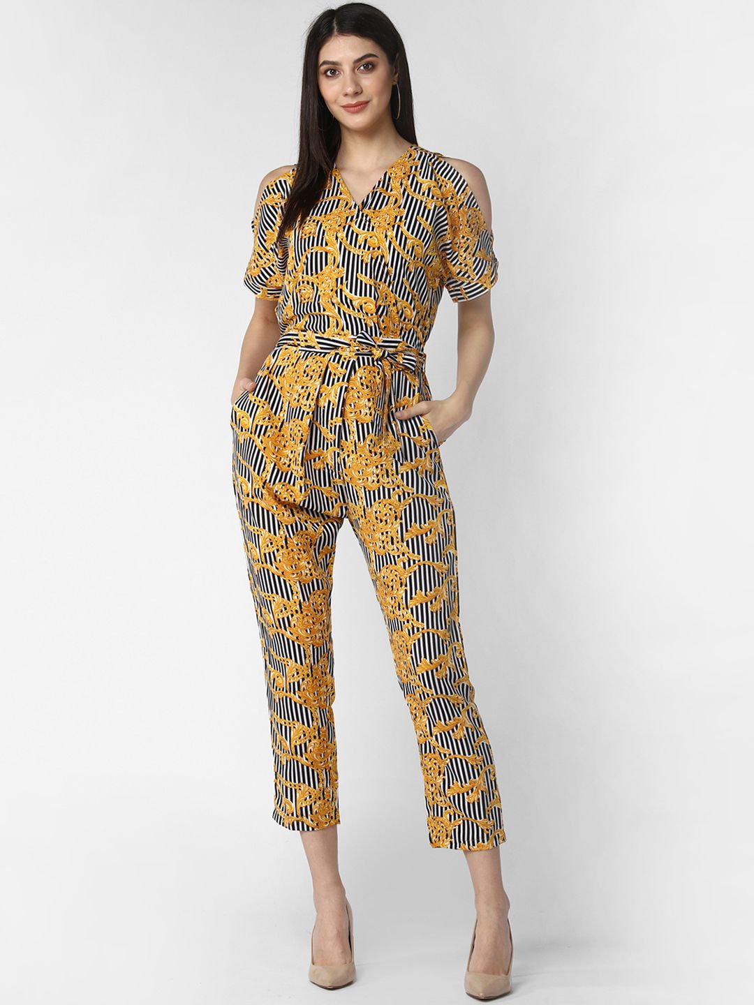 StyleStone Women Mustard Yellow & Navy Blue Striped Basic Jumpsuit Price in India