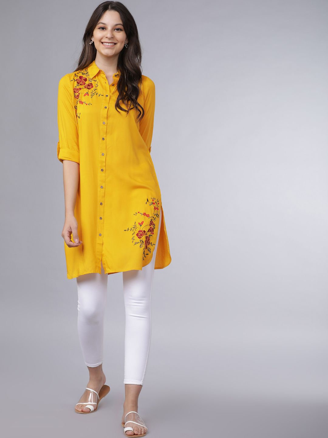 Vishudh Women Mustard Yellow Embroidered Tunic Price in India