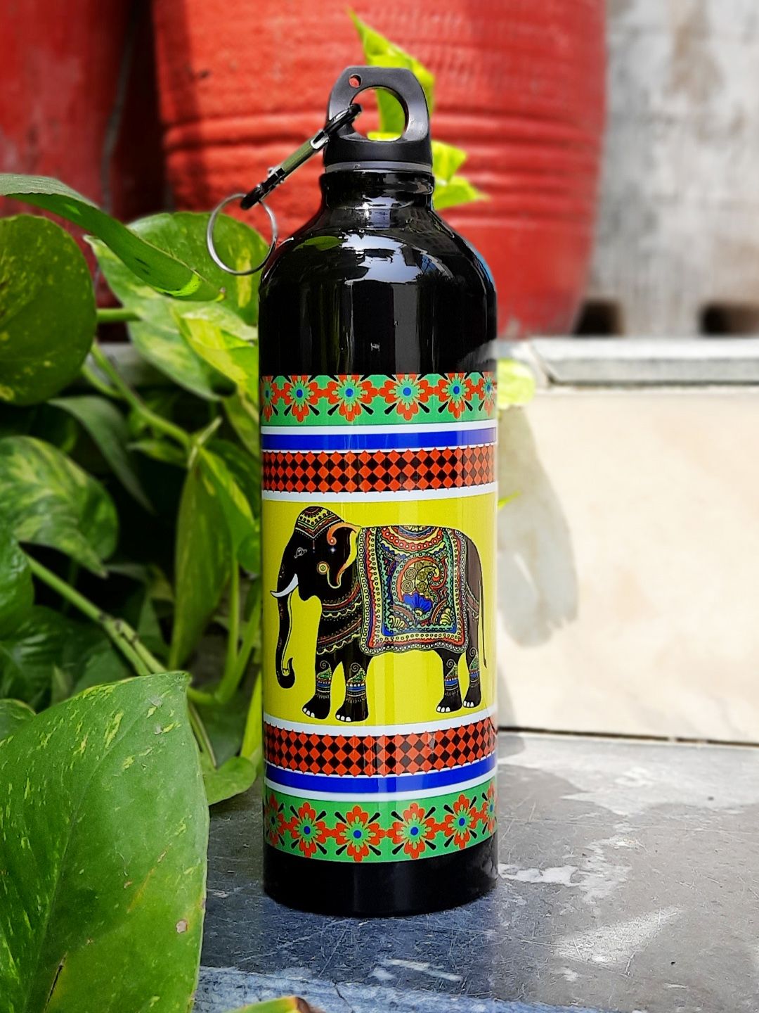 KOLOROBIA Black & Yellow Printed Elephant Majesty Sipper Water Bottle Price in India