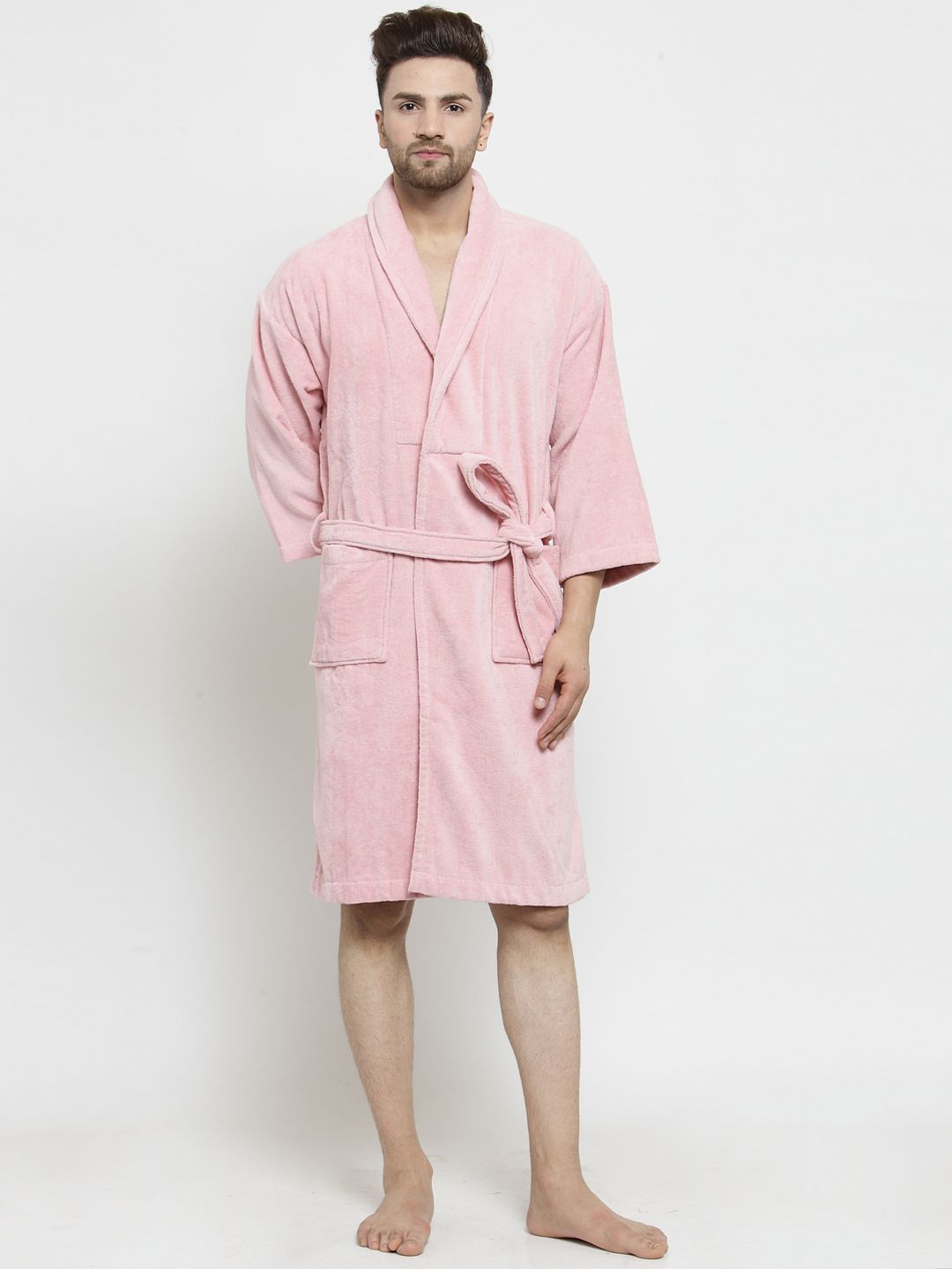 MYTRIDENT Comfort Pink Solid Cotton Drawstring Knee Length Bath Robe-M