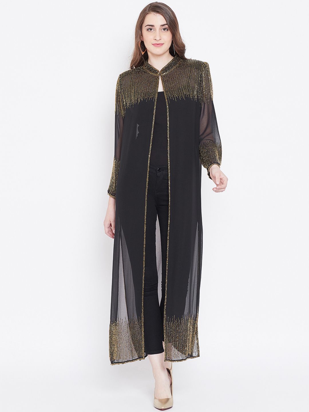 LE BOURGEOIS Women Black & Gold Embellished Open Front Longline Shrug Price in India