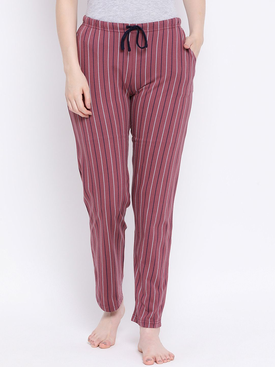 Kanvin Women Old Rose Pink & White Striped Lounge Pants Price in India