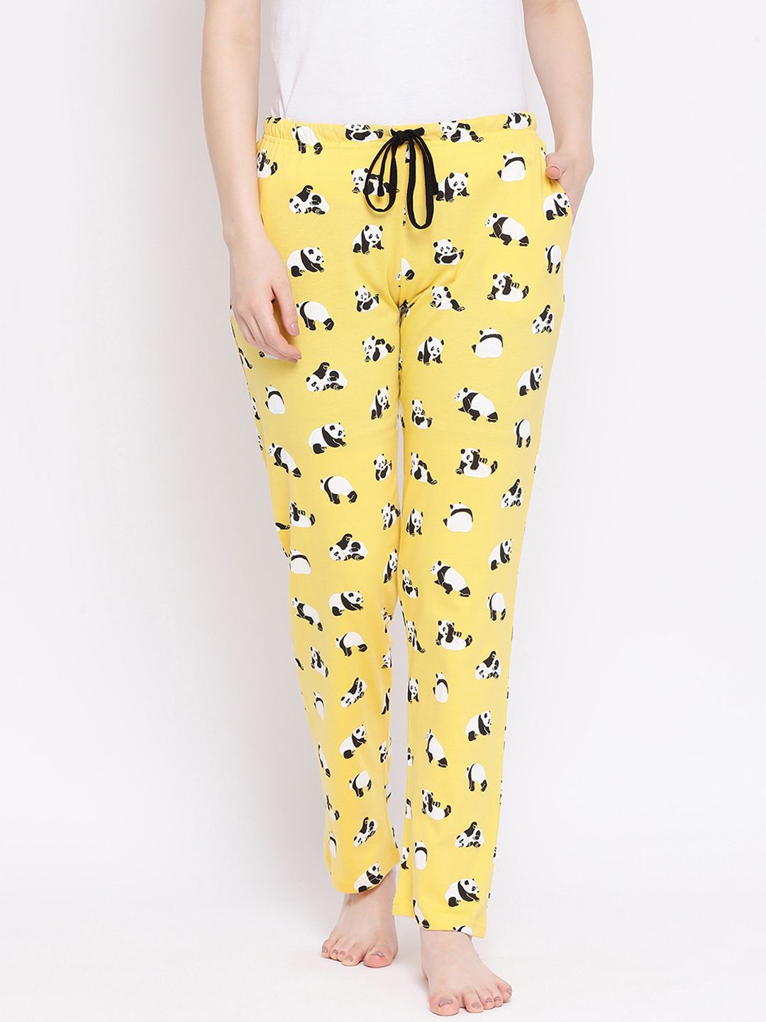 Kanvin Women Yellow & Black Panda Print Lounge Pants Price in India