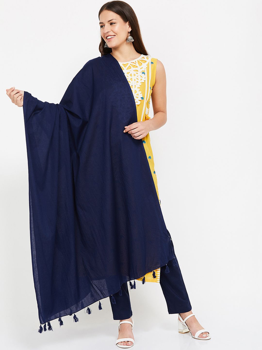 Melange by Lifestyle Navy Blue Solid Cotton Dupatta Price in India