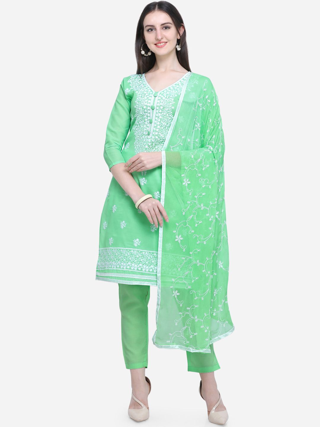 Ethnic Junction Green Cotton Blend Unstitched Dress Material Price in India