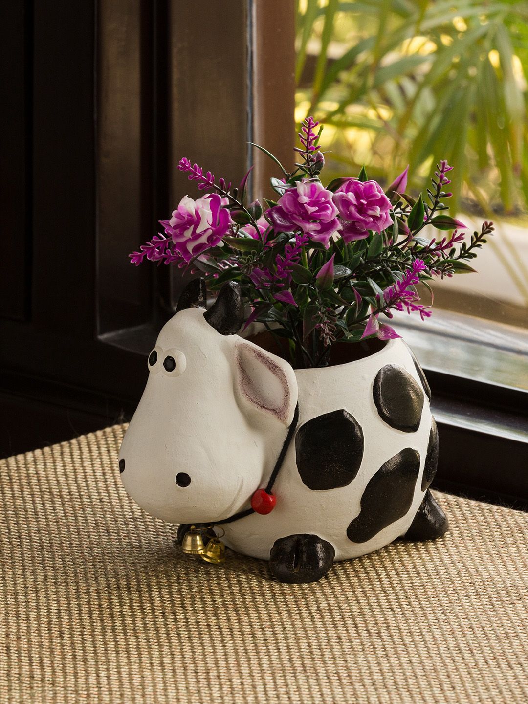 ExclusiveLane White & Black Planting Moo Hand-painted Terracotta Table Planter Pot Price in India