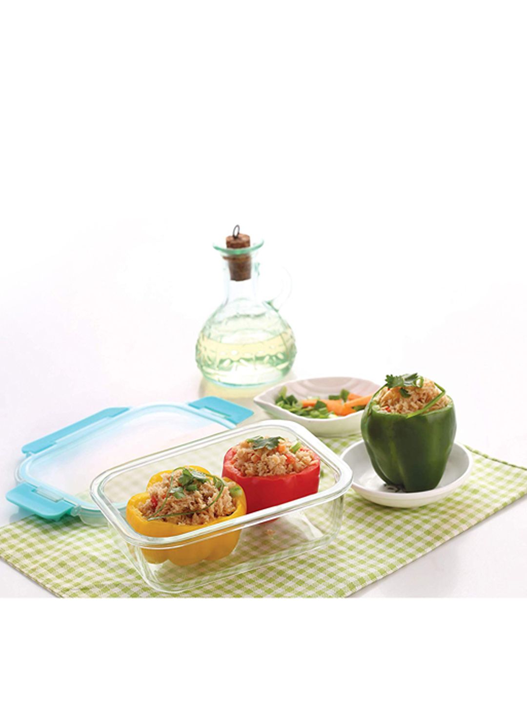 HAZEL Set Of 2 Transparent & Blue Borosilicate Glass Rectangle Airtight & Leak Proof Containers Price in India