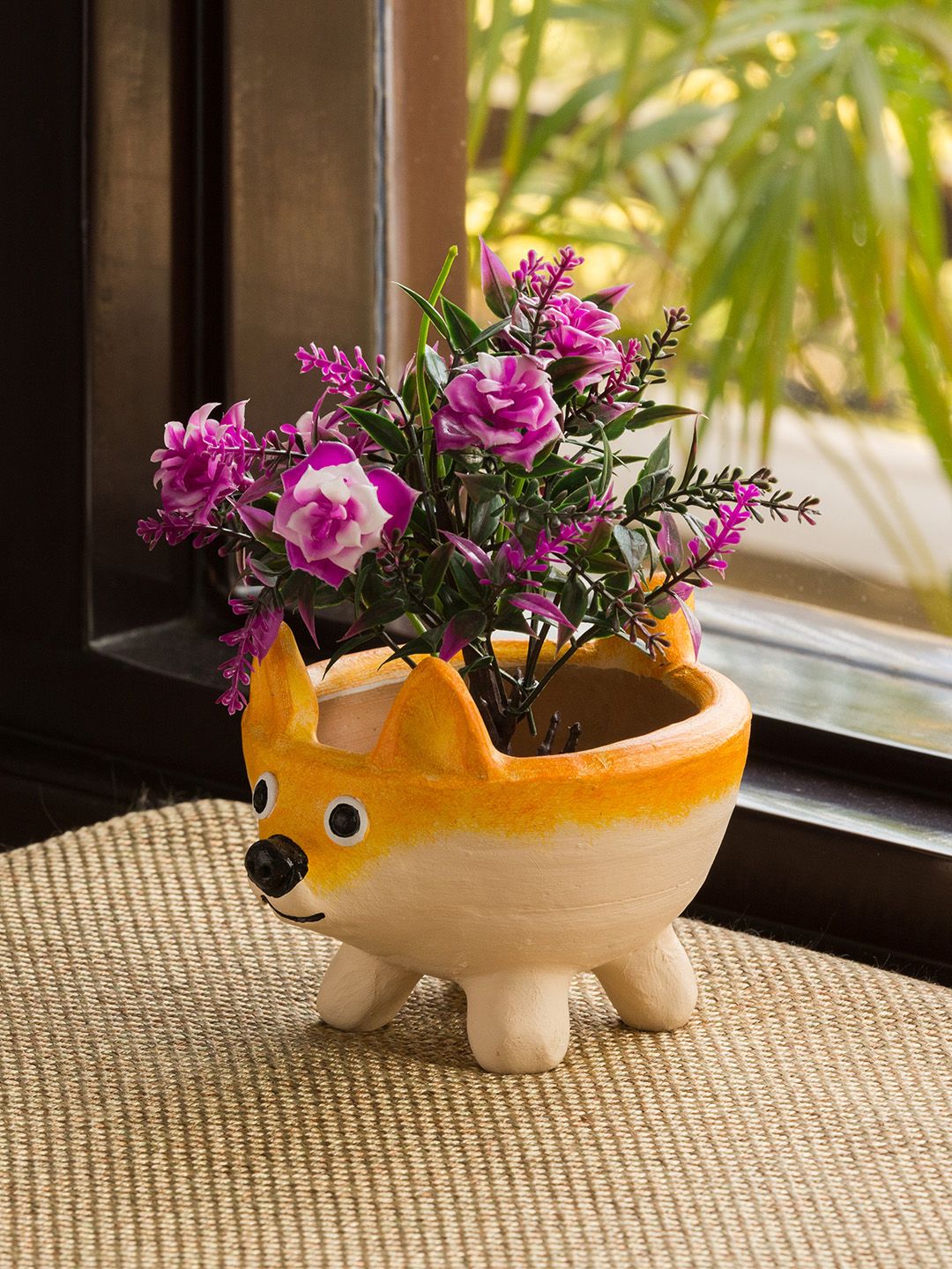 ExclusiveLane Orange & Cream Thinking Fox Handmade Terracotta Table Planter Pot Price in India