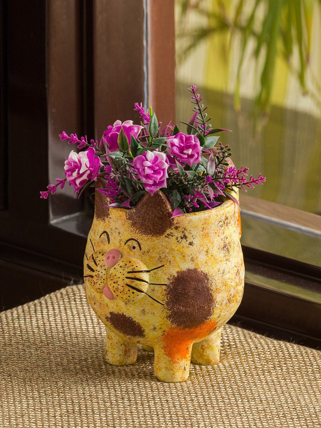 ExclusiveLane Cream Mellow Cat Terracotta Table Planter Pot Price in India