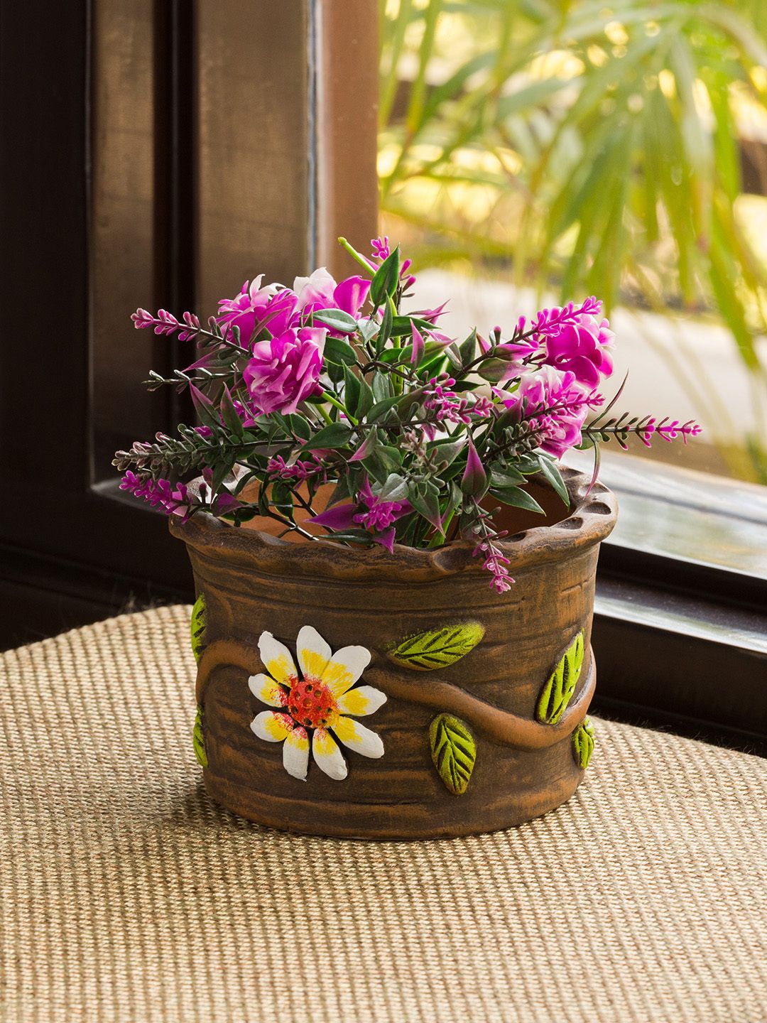 ExclusiveLane Brown & White Mud Blossoms Hand-painted Terracotta Table Planter Pot Price in India