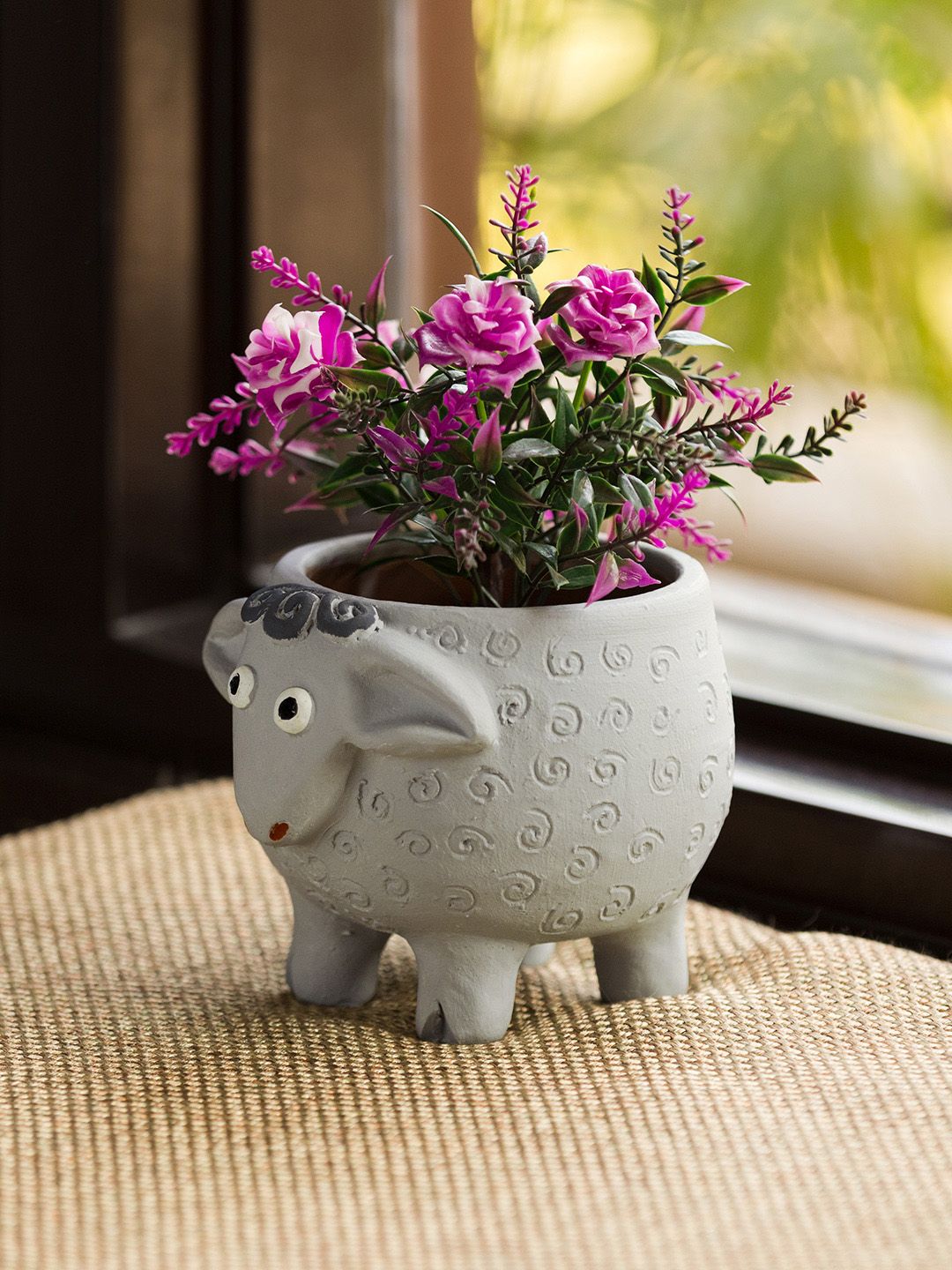 ExclusiveLane Grey Cheerful Sheep Handmade Hand-painted Terracotta Table Planter Pot Price in India
