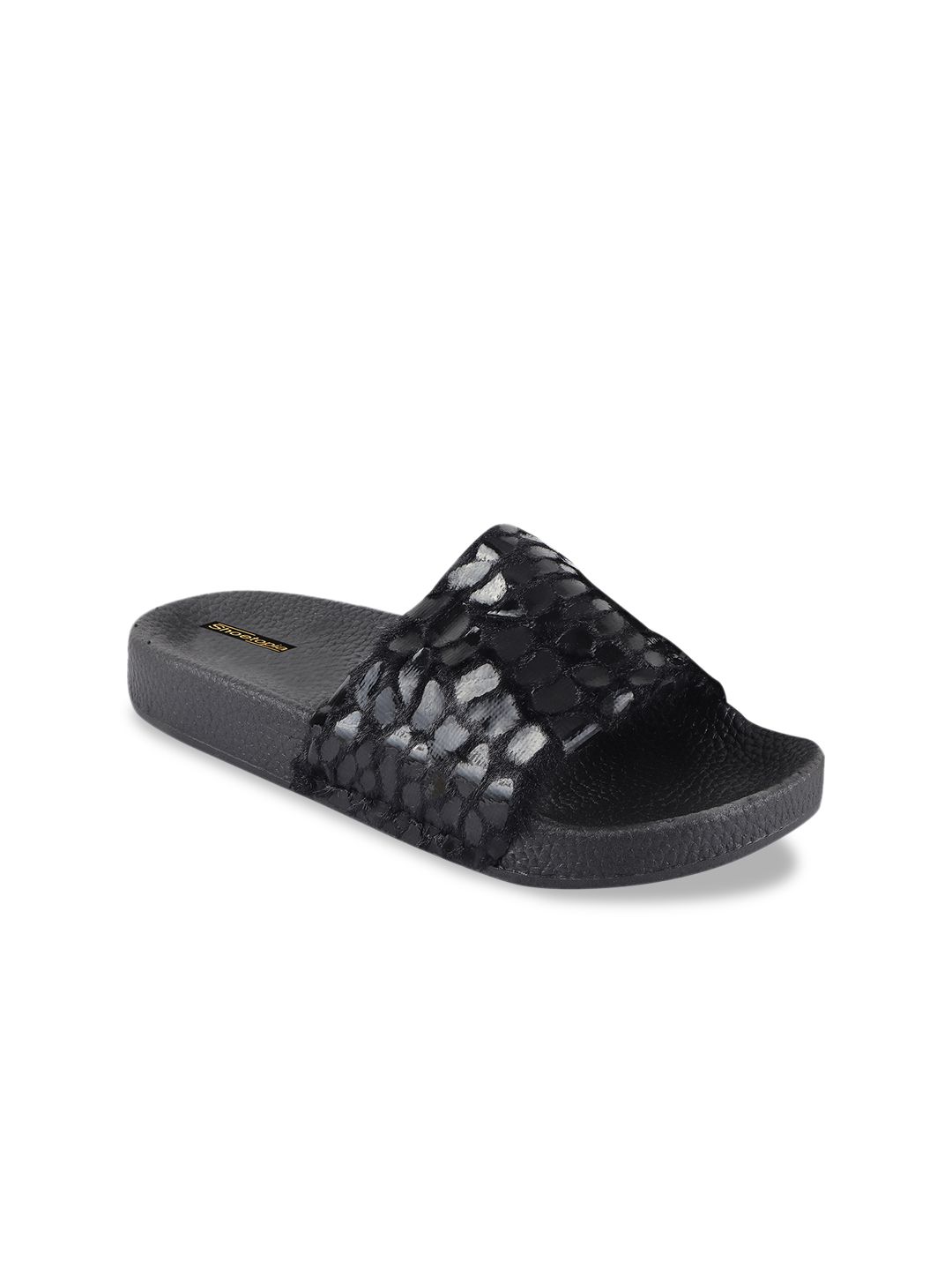 Shoetopia Women Black Printed Sliders Price in India