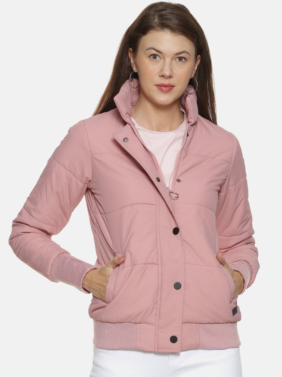 Campus Sutra Women Peach-Coloured Solid Windcheater Quilted Jacket Price in India