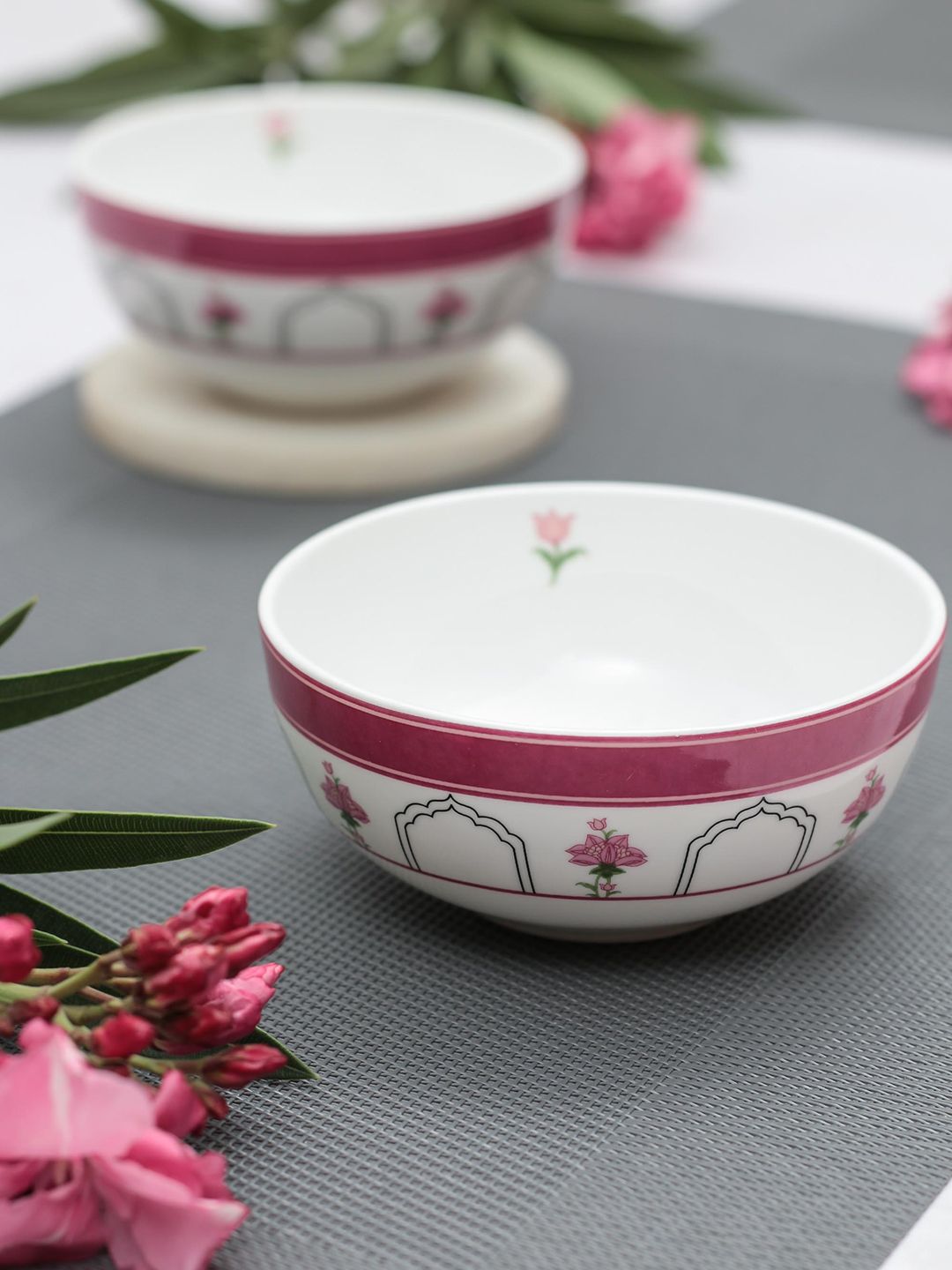 India Circus Set Of 6 White & Pink Floral Printed Ceramic Designer Bowls Price in India