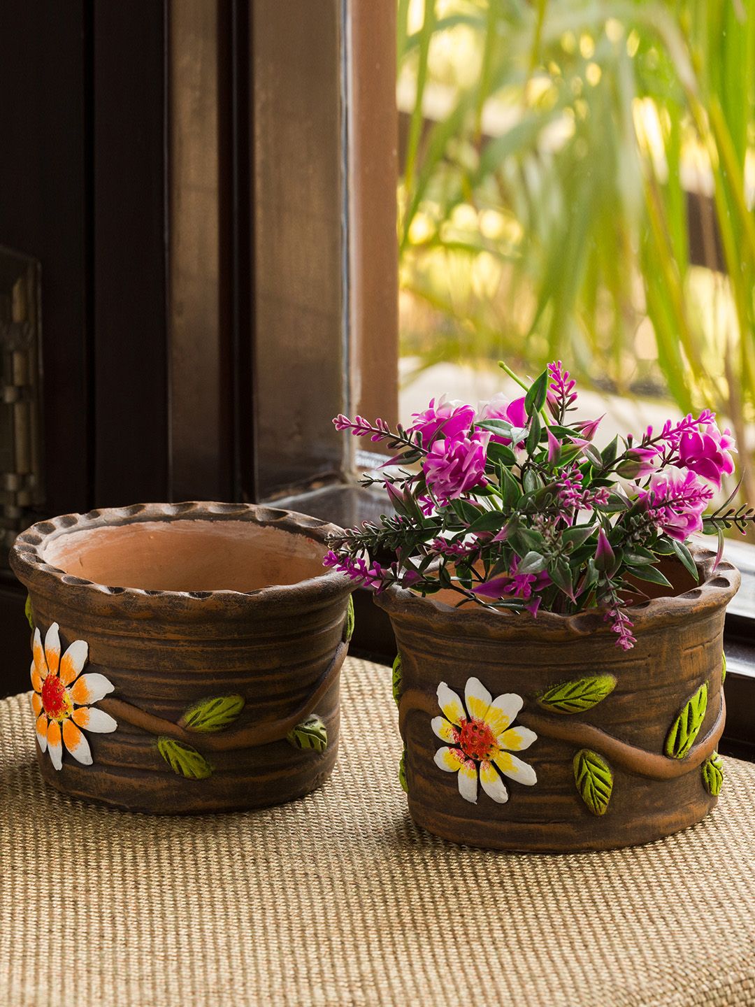 ExclusiveLane Set of 2 Mud Blossom Handmade Hand-painted Terracotta Table Planter Pots Price in India