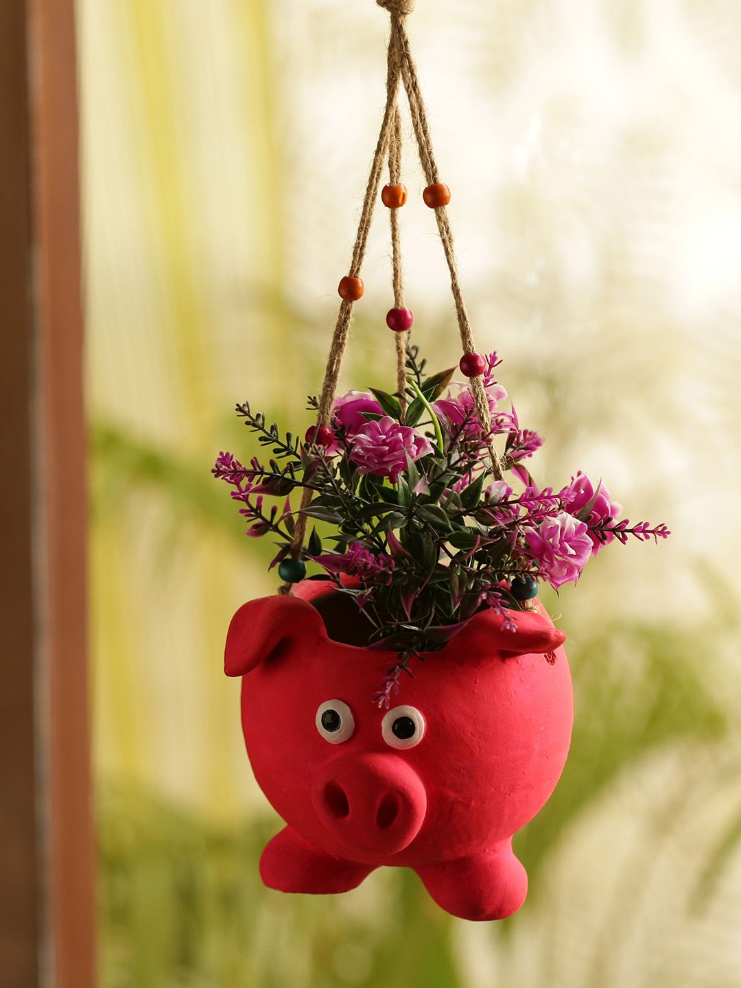 ExclusiveLane Pink Handmade Swinging Pig Terracotta Hanging Planter Price in India