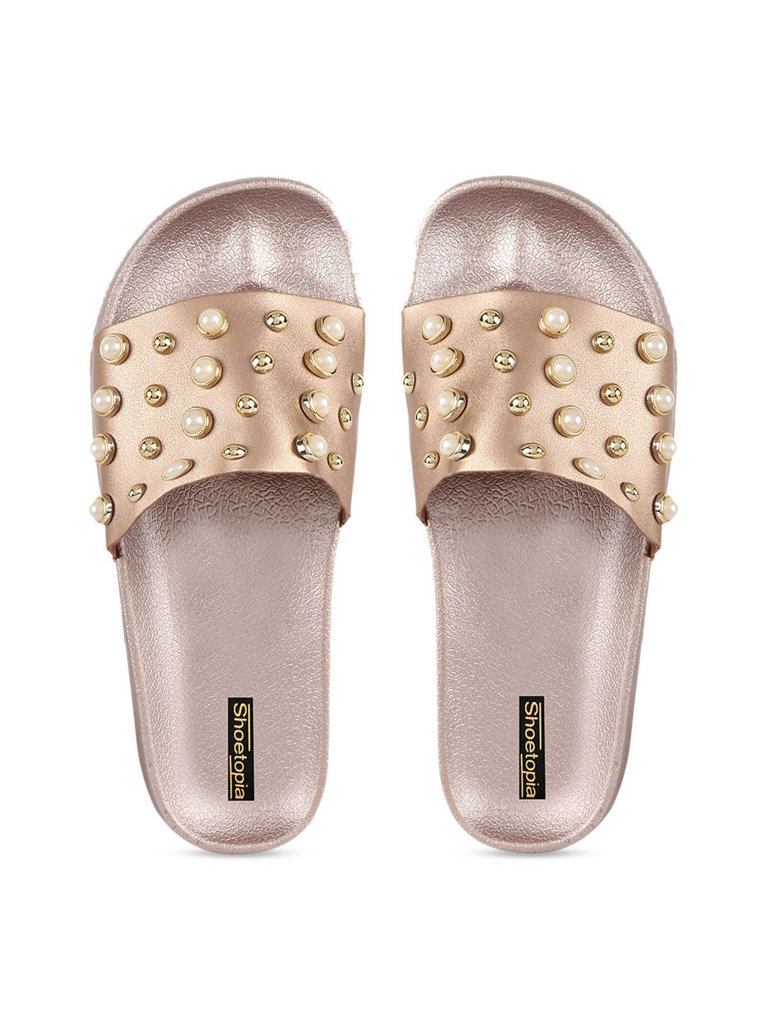 Shoetopia Women Copper-Toned Embellished Thong Flip-Flops Price in India