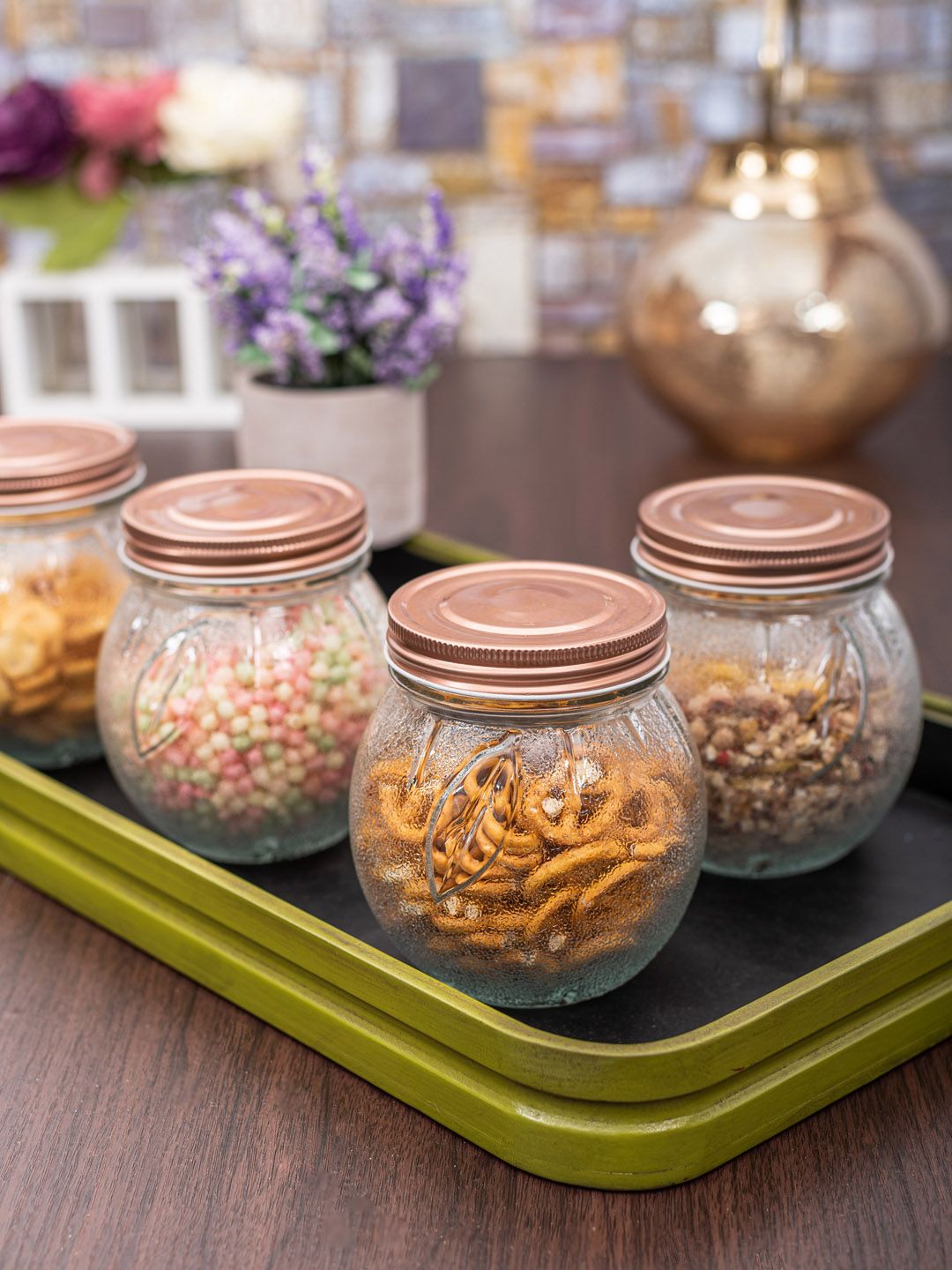 White Gold Set Of 4 Transparent Solid Glass Storage Jars With Rose Gold-Toned Lids Price in India