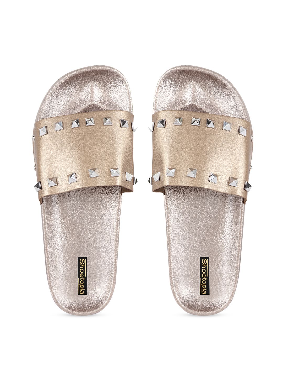 Shoetopia Women Copper-Toned Embellished Sliders Price in India