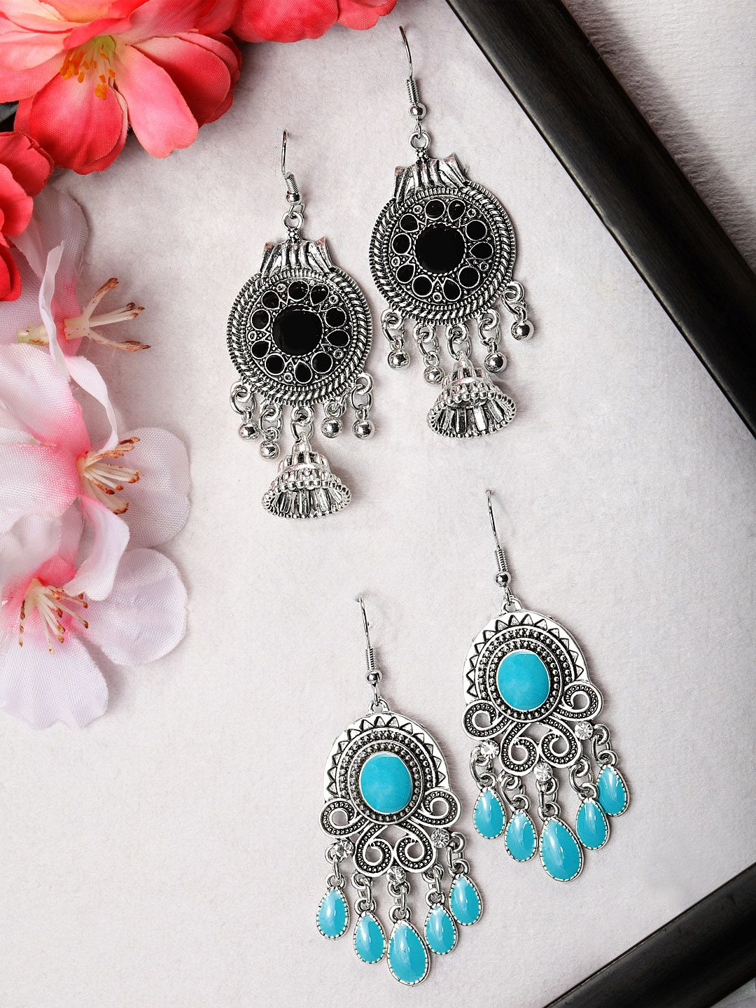 Rubans Set Of 2 Silver Plated Classic Drop Earrings Price in India