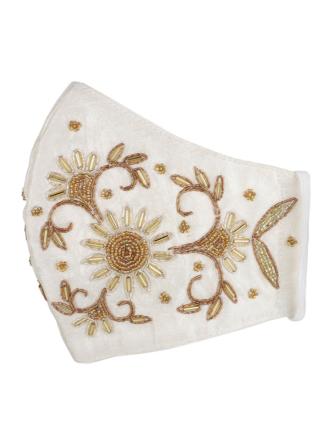 Anekaant Women White & Gold-Toned Art Silk Embellished 3-Ply Reusable Cloth Mask Price in India