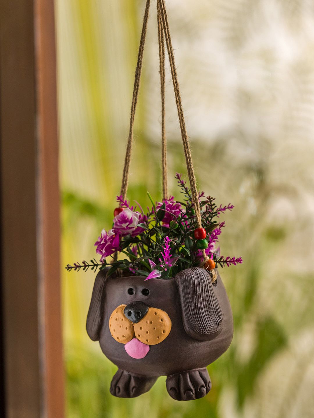 ExclusiveLane 'Swinging Dog' Handmade & Hand-painted Hanging Planter Pot In Terracotta (5.5 Inch) Price in India