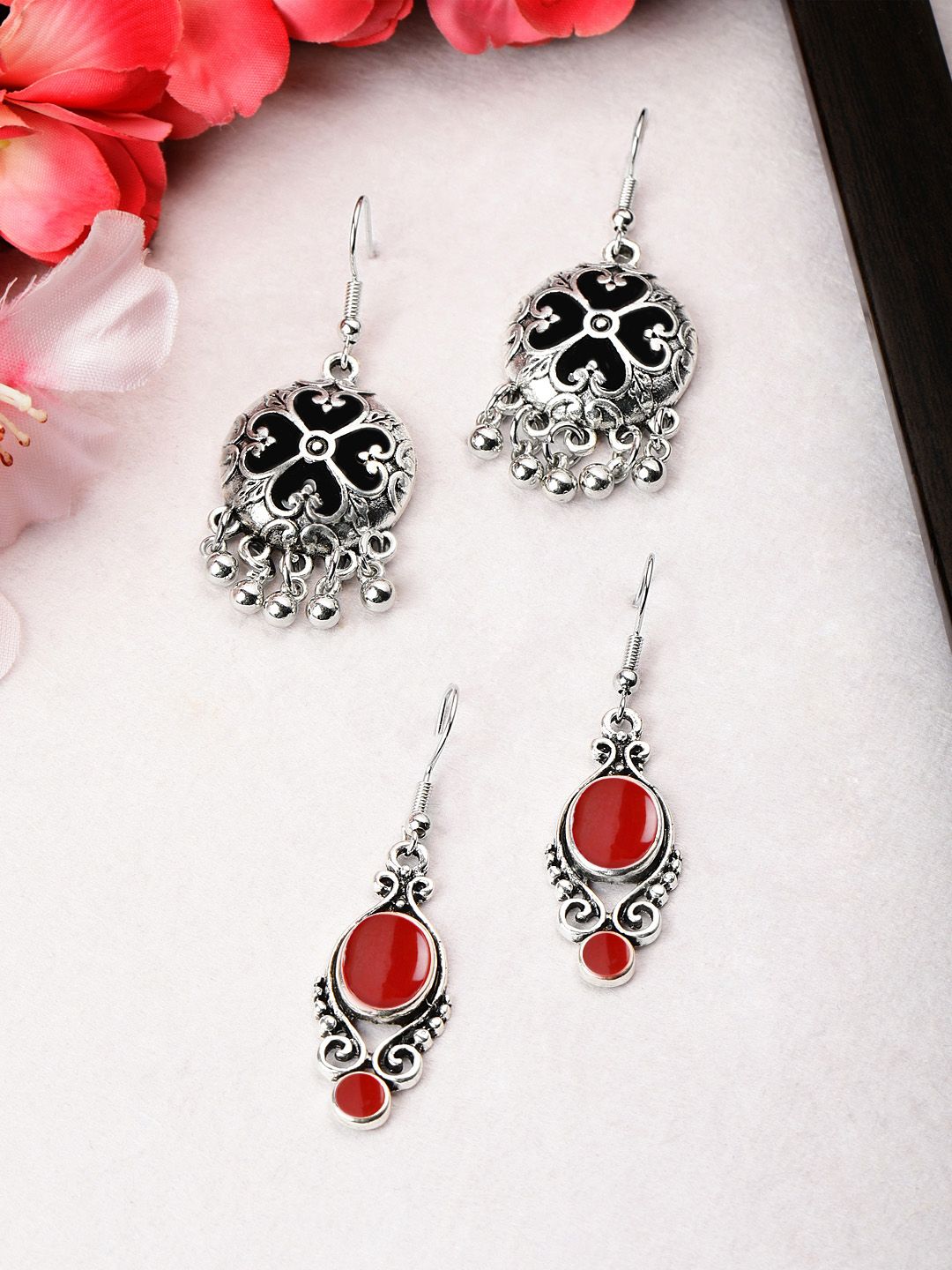 Rubans Set of 2 Silver-Toned Classic Drop Earrings Price in India