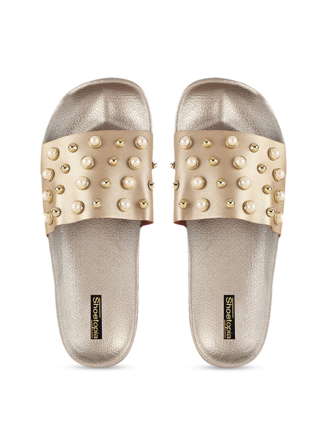 Shoetopia Women Gold-Toned Embellished Sliders Price in India