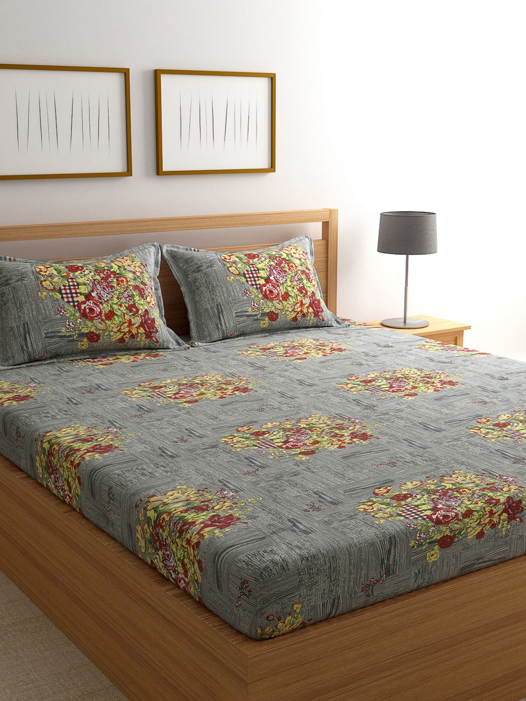ROMEE Grey Floral 144 TC Cotton 1 Queen Bedsheet with 2 Pillow Covers Price in India