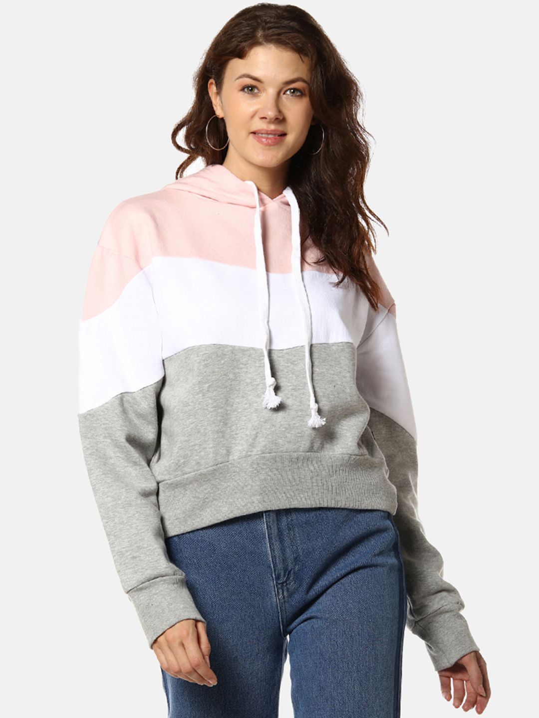 Campus Sutra Women Grey & White Colourblocked Hooded Sweatshirt Price in India
