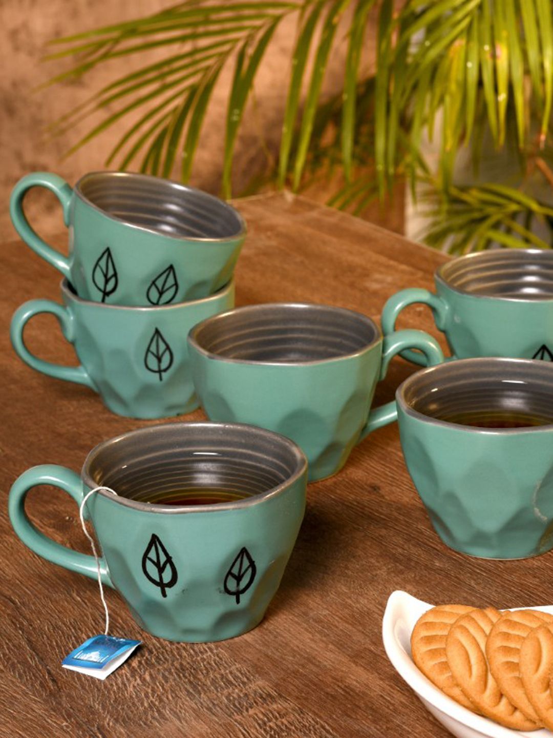 Unravel India Set Of 6 Blue & Black Printed Studio Pottery Ceramic Tea Coffee Mugs Price in India
