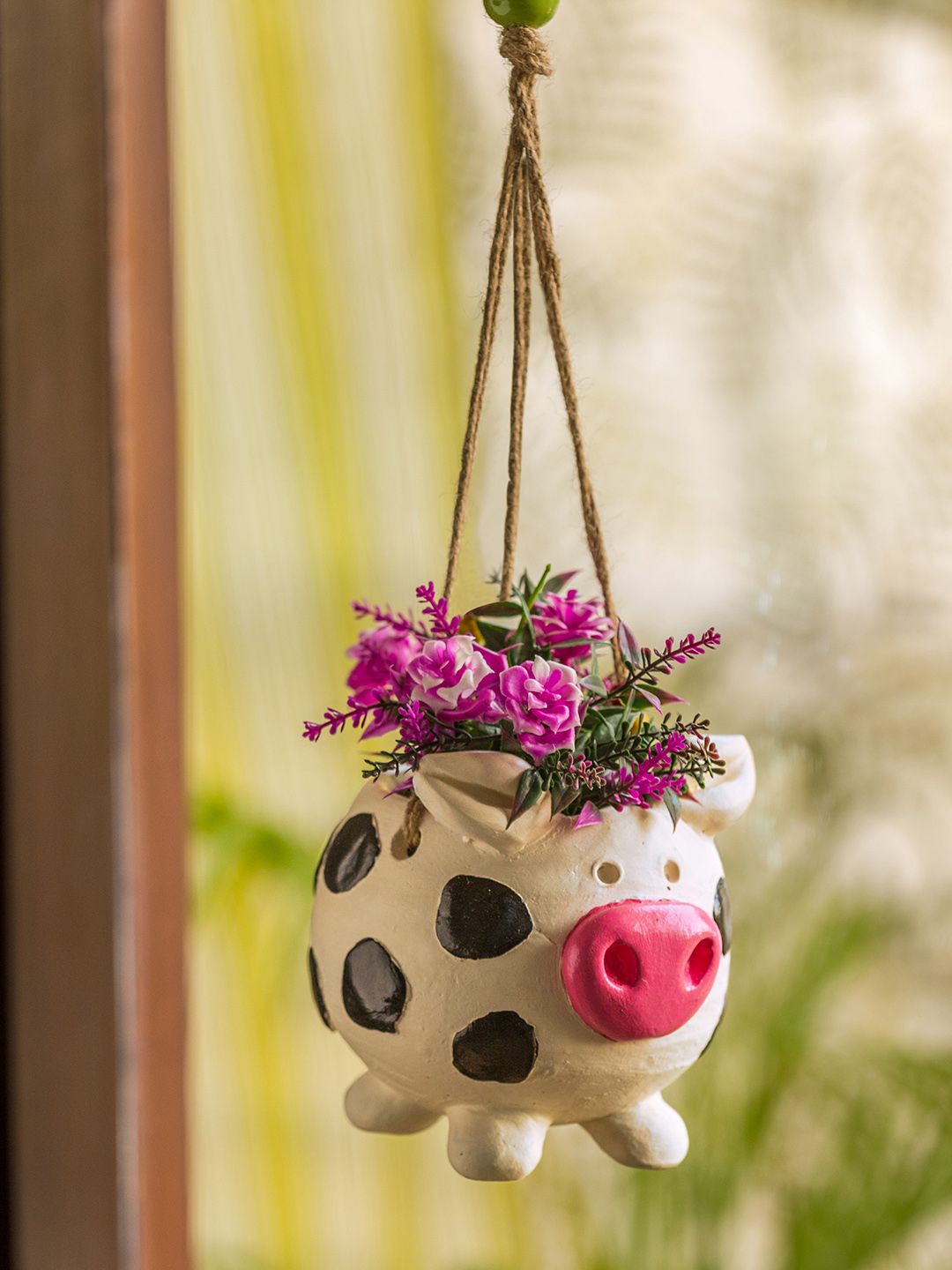 ExclusiveLane White & Black Aerial Piggy Hanging Terracotta Planter Pot Price in India