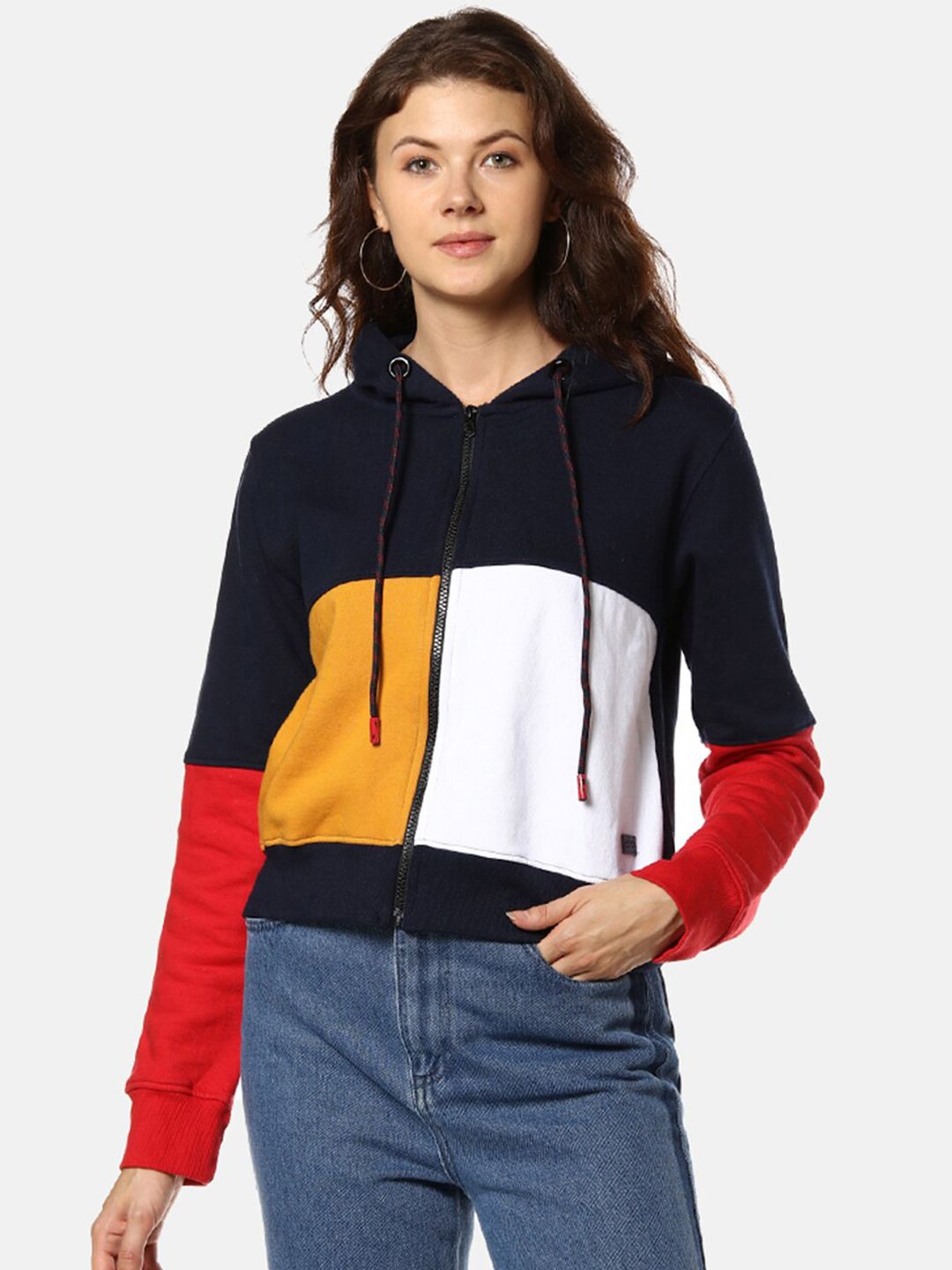 Campus Sutra Women Blue & Yellow Colourblocked Hooded Sweatshirt Price in India