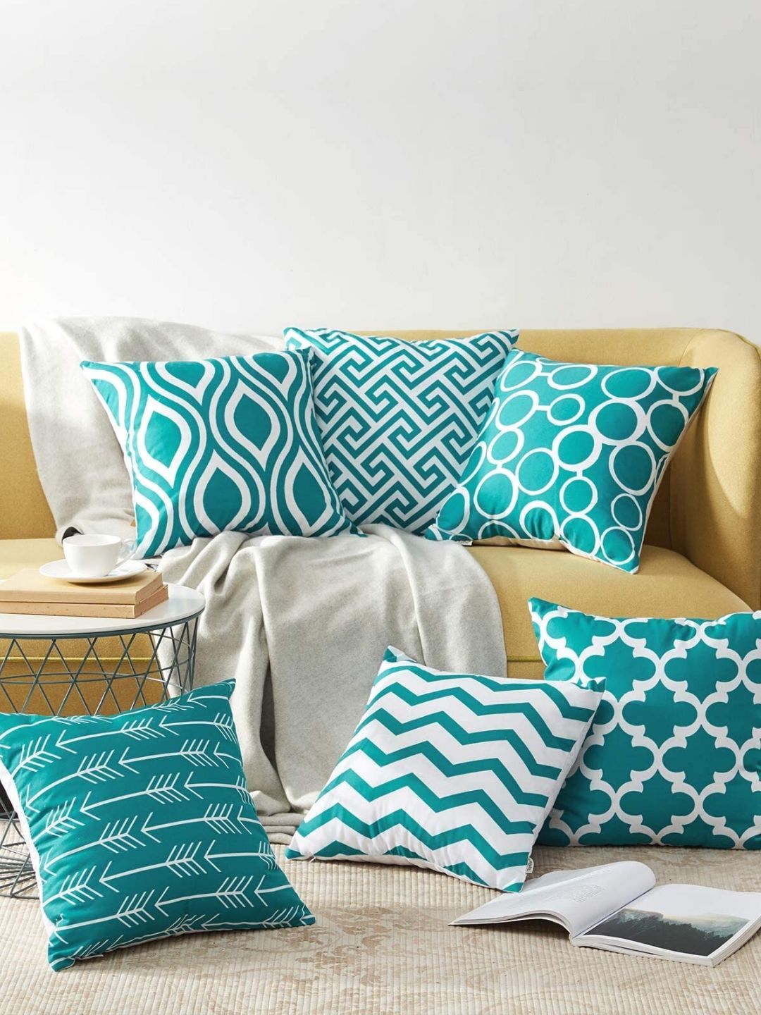 MODERN HOMES Sea Green & White Set of 6 Geometric Square Cushion Covers Price in India