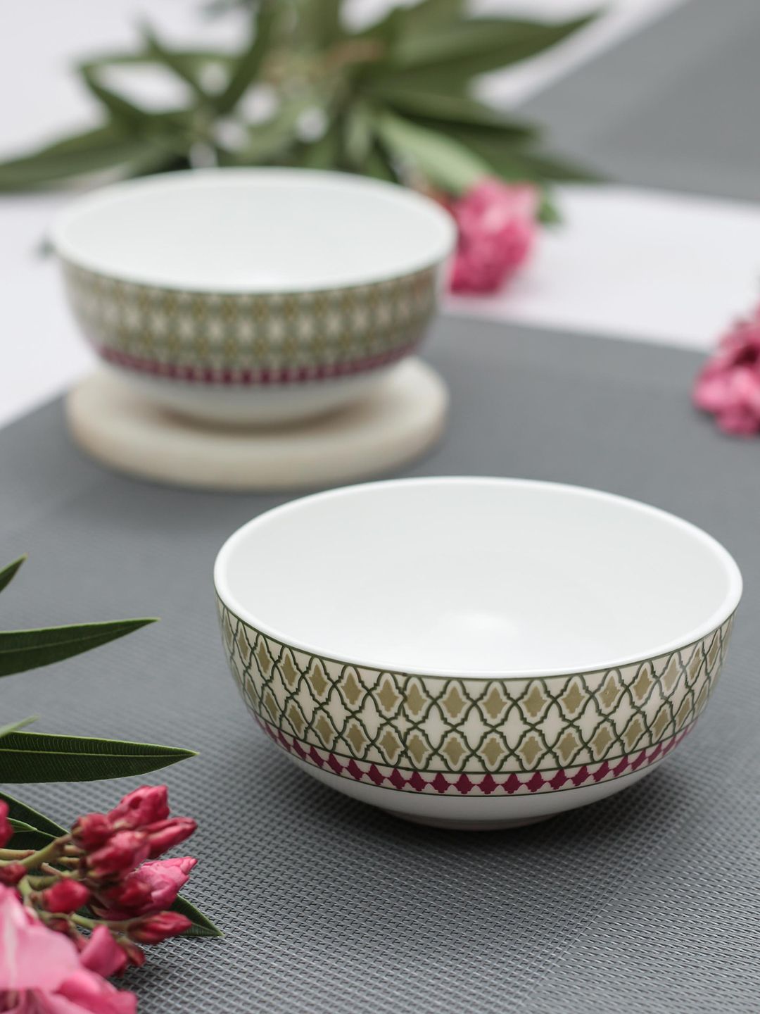 India Circus Set Of 6 White & Green Printed Ceramic Designer Bowls Price in India