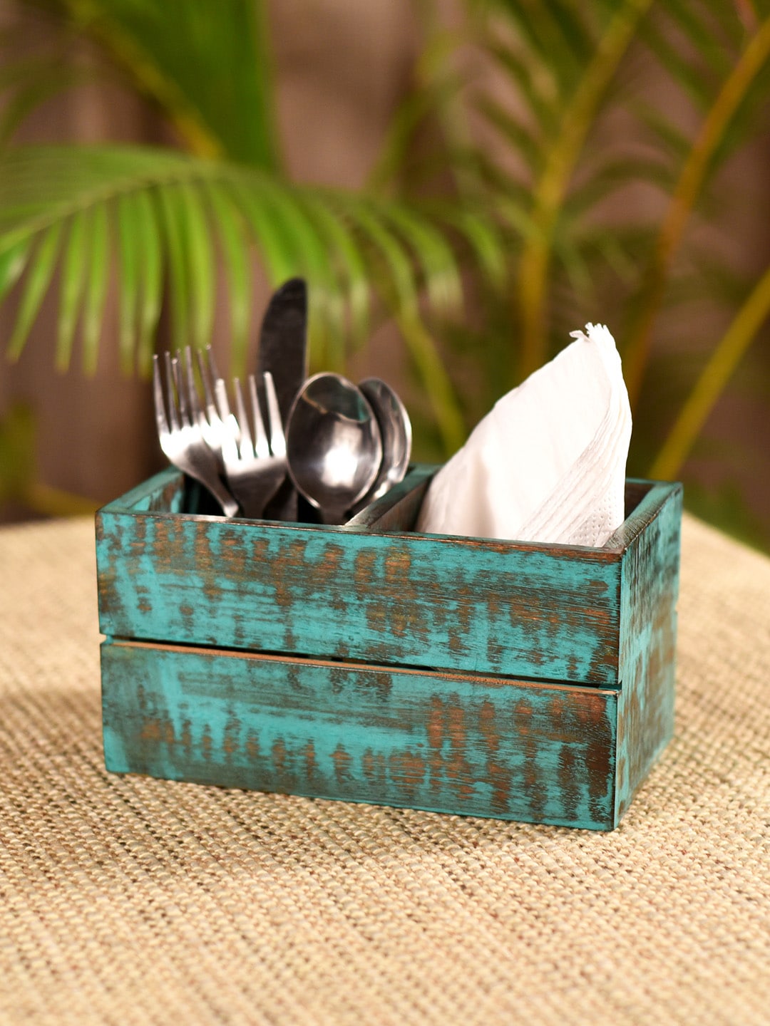 Unravel India Blue & Brown Solid Antique Finish Mango Wood Cutlery Holder Price in India