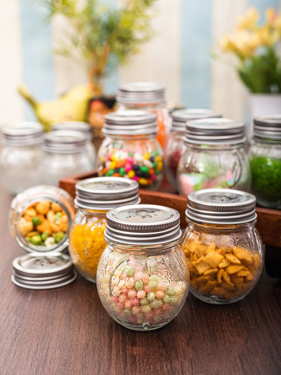 White Gold Set Of 12 Transparent Solid Glass Storage Jars With Silver-Toned Lids Price in India