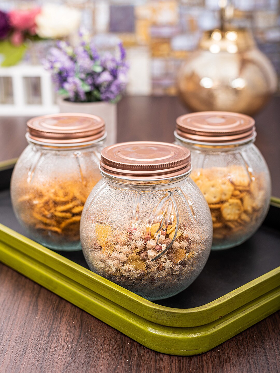 White Gold Set Of 3 Transparent Solid Glass Storage Jars With Rose Gold-Toned Lids Price in India