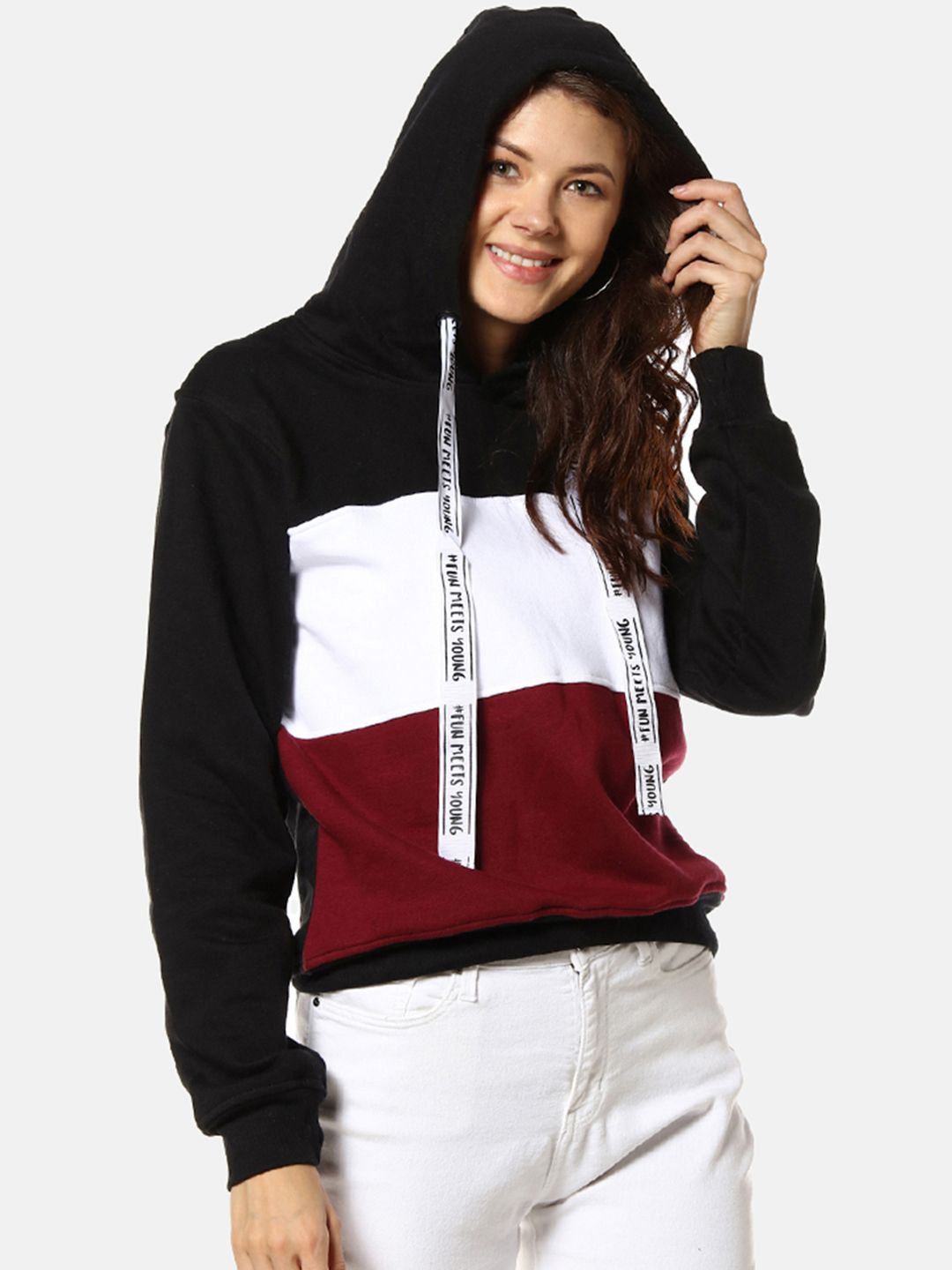 Campus Sutra Women Black & White Colourblocked Hooded Sweatshirt Price in India