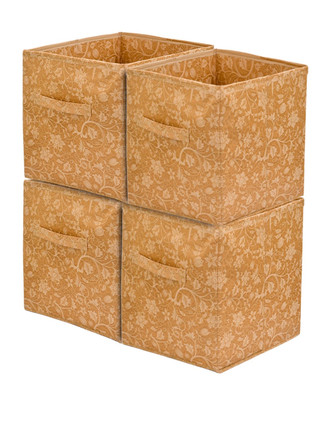 Kuber Industries Set Of 4 Beige Printed Large Foldable Cube Storage Boxes With Handle Replacement Drawer Price in India