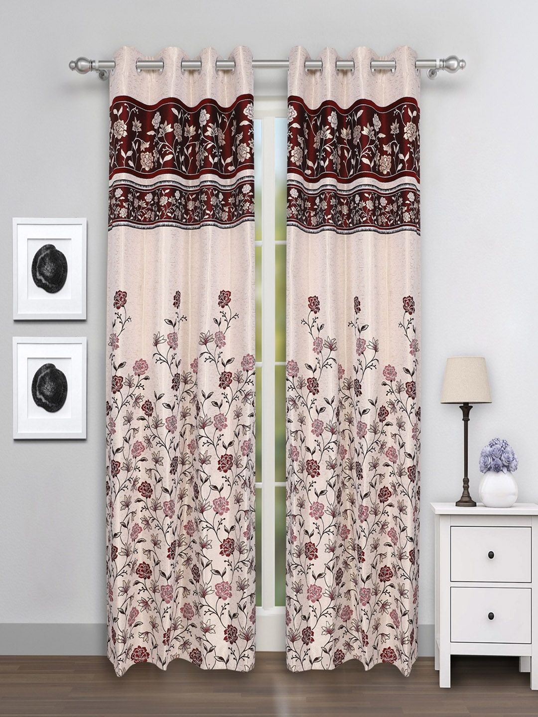 ROMEE Cream & Maroon Set of 2 Door Curtains Price in India