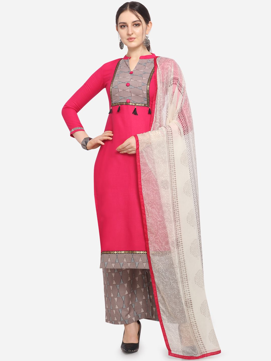 Ethnic Junction Pink & Grey Cotton Blend Unstitched Dress Material Price in India