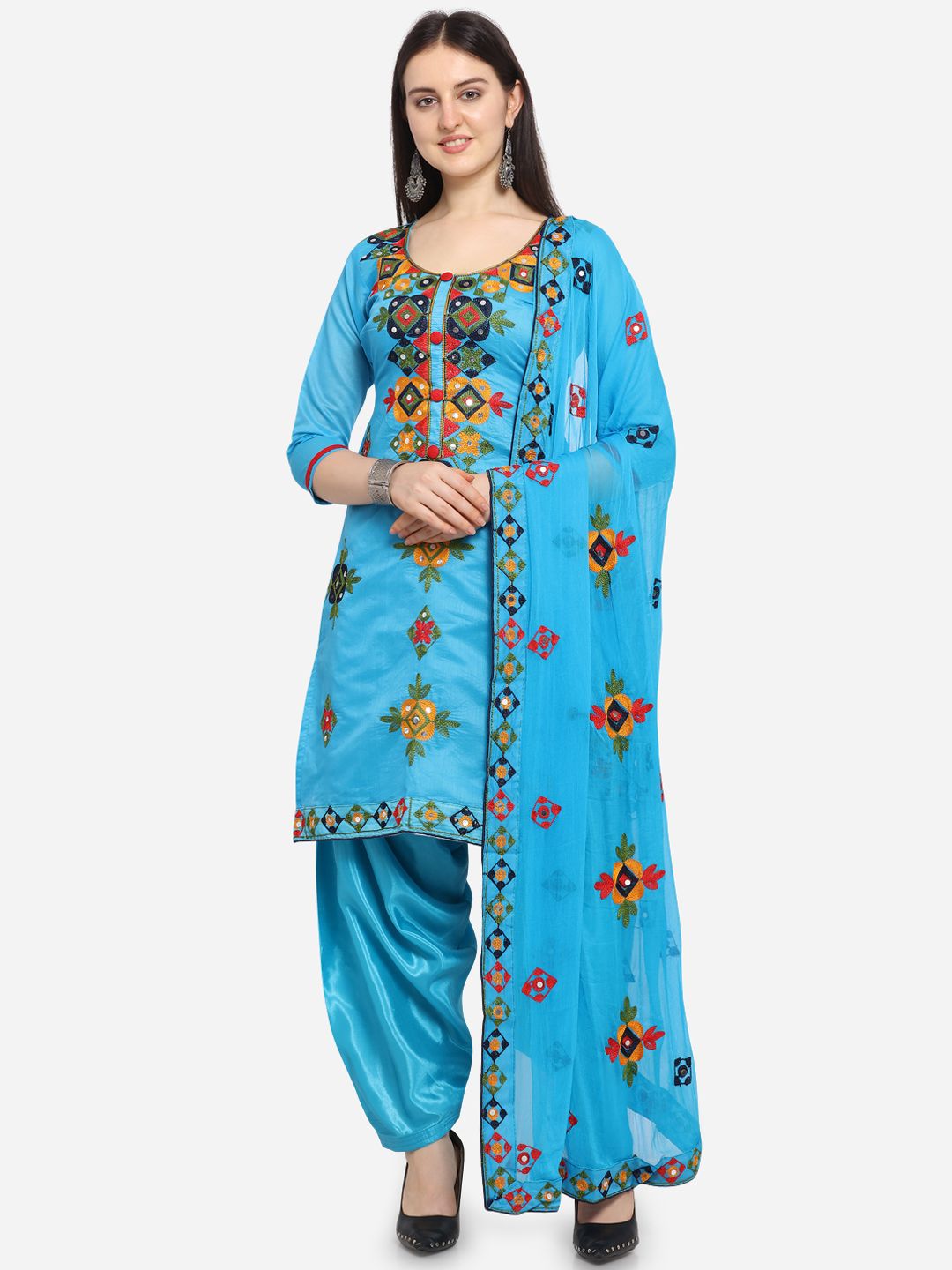 Ethnic Junction Turquoise Blue & Red Silk Blend Unstitched Dress Material Price in India