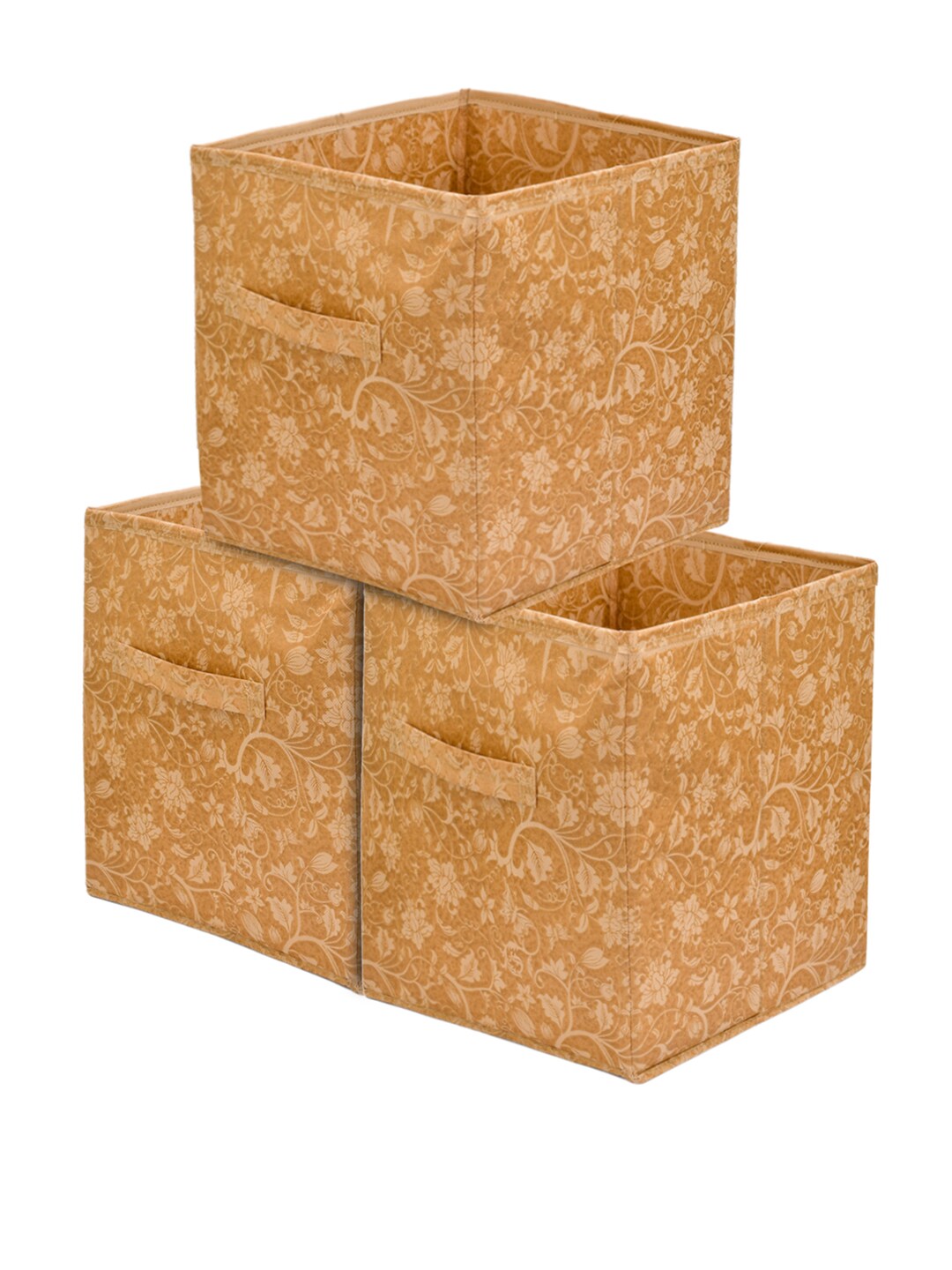 Kuber Industries Set Of 3 Beige Printed Foldable Cube Storage Boxes With Handle Replacement Drawer Price in India