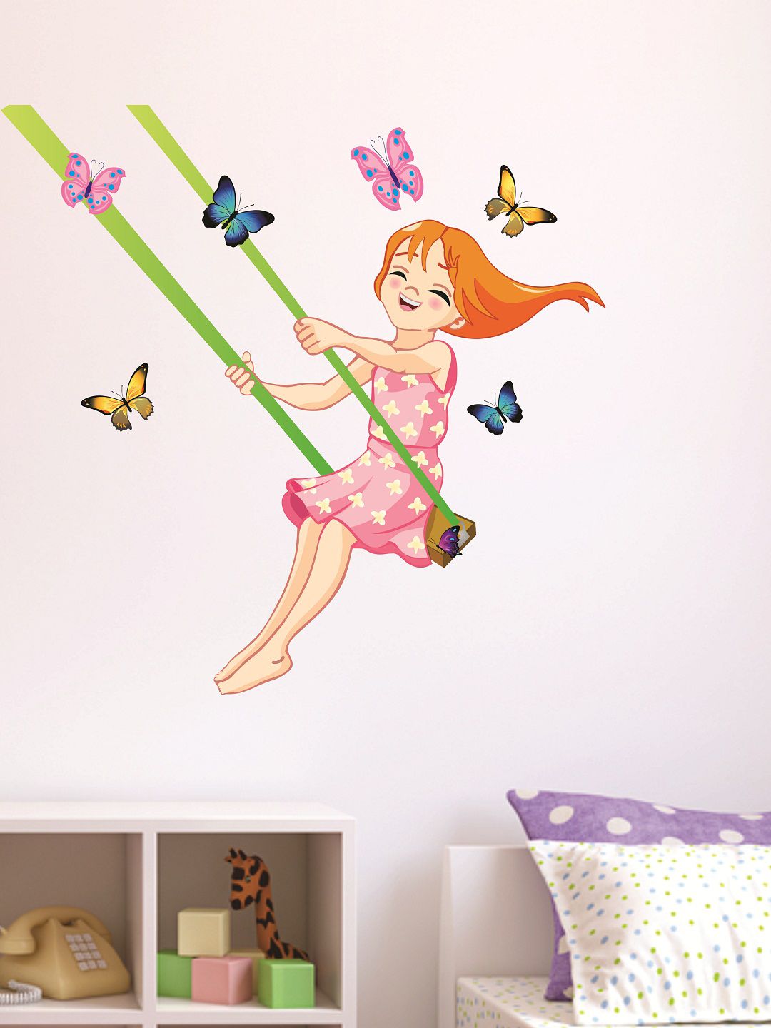 WALLSTICK Pink & Orange Girl On Swing Large Vinyl Wall Sticker Price in India