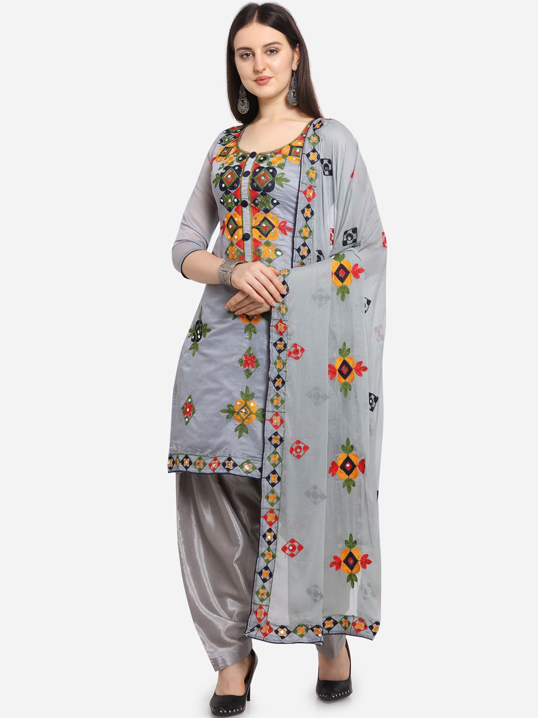 Ethnic Junction Women Grey Silk Blend Embroidered Unstitched Dress Material Price in India
