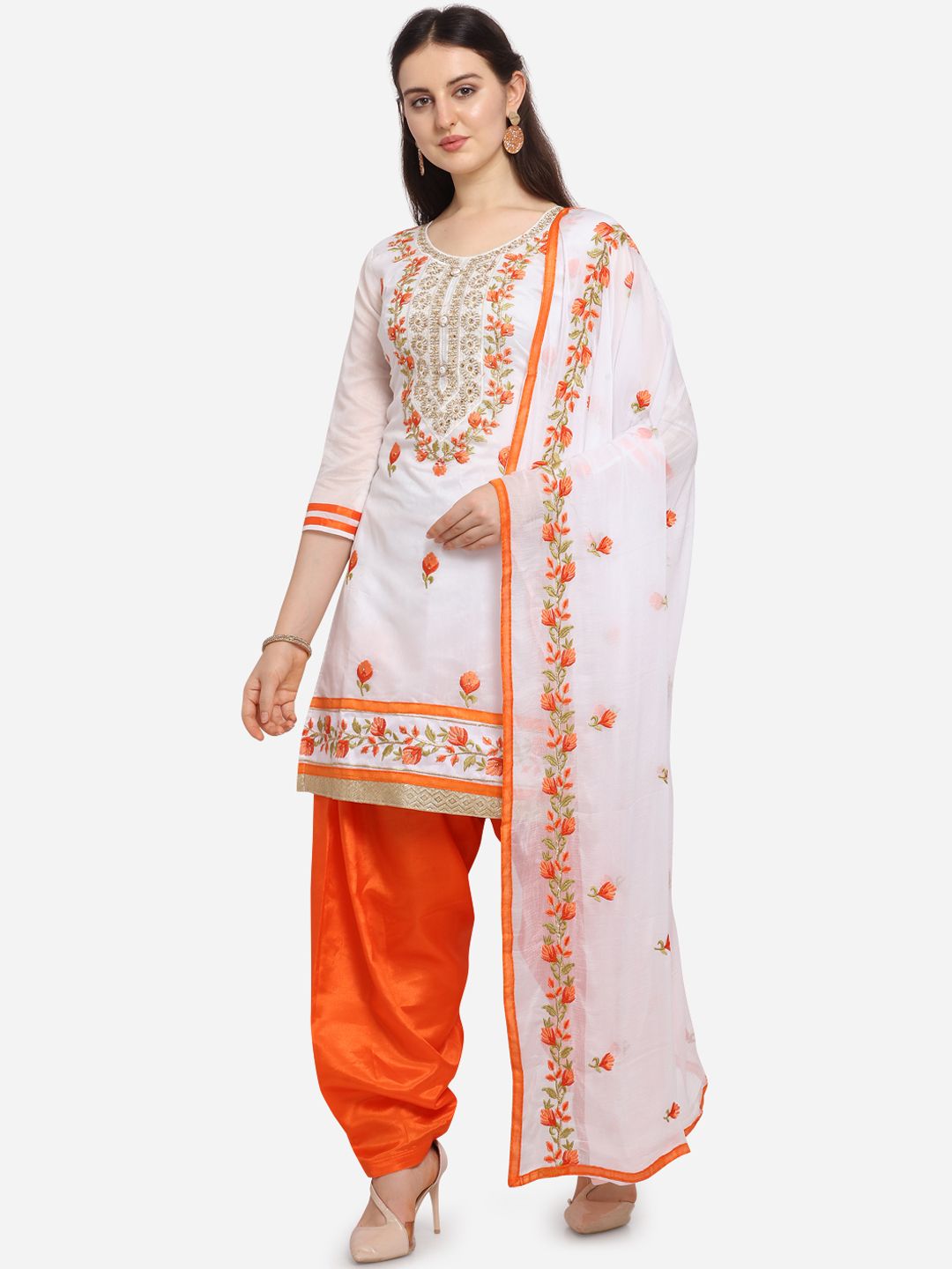 Ethnic Junction White & Orange Embroidered Unstitched Dress Material Price in India