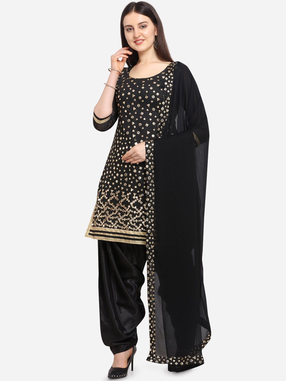 Ethnic Junction Black & Gold Mirror Work Unstitched Dress Material Price in India