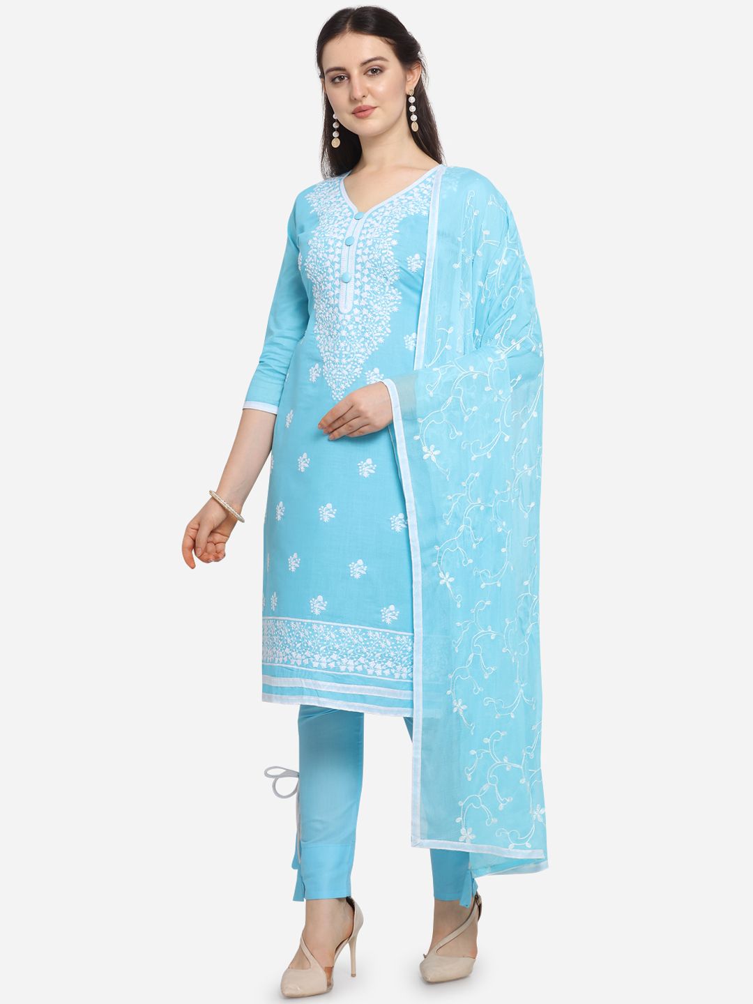 Ethnic Junction Blue & White Cotton Blend Unstitched Dress Material Price in India