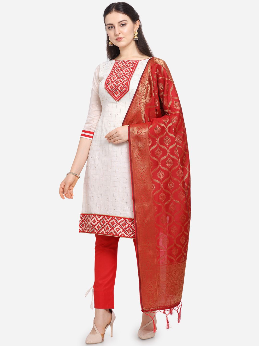 Ethnic Junction Women Red & White Silk Blend Embroidered Unstitched Dress Material Price in India